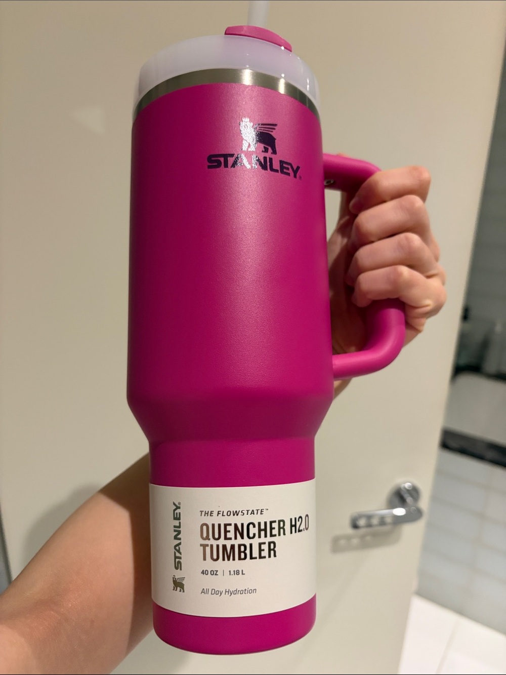 Stanley Hot Pink Travel Tumbler with Handle and White Lid